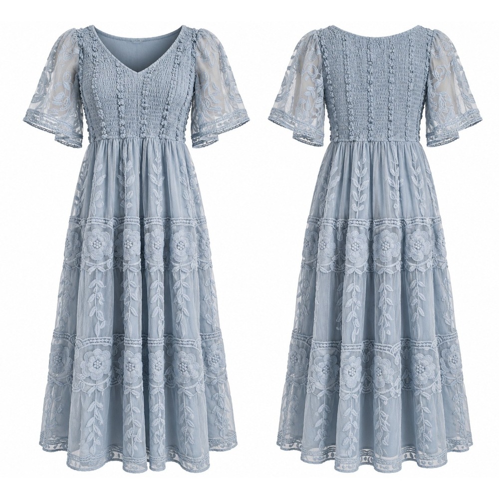 Dress Day Blue Gray Embroidered Lace Maxi Dress Size M Smocked Boho